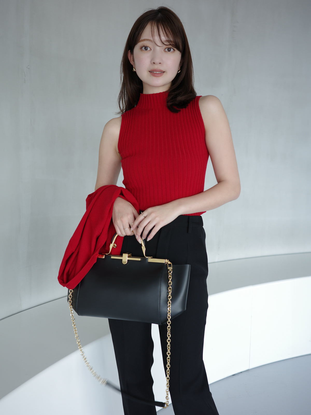 ノースリーブウールリブニットトップス