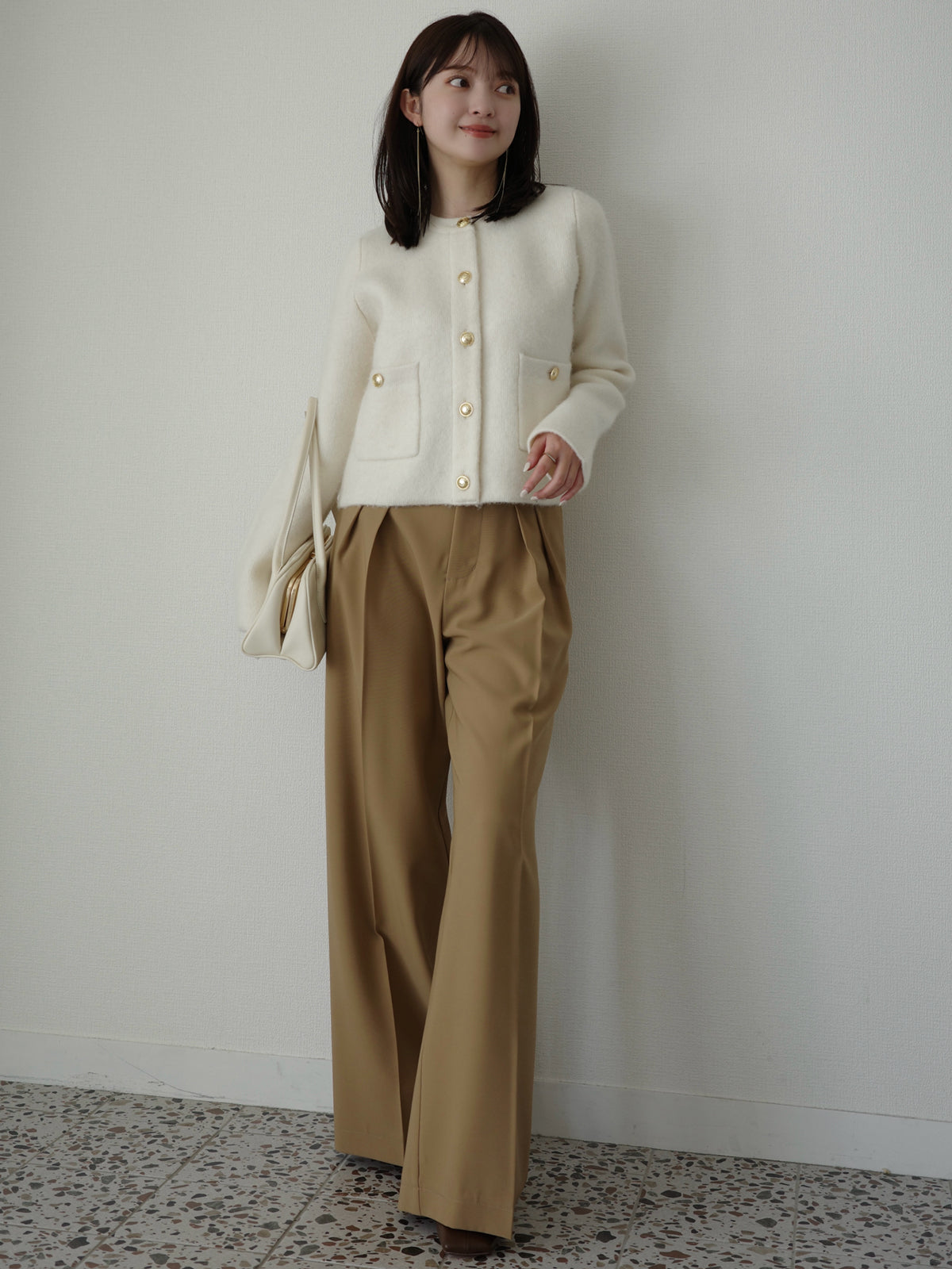 カシミヤブレンドノーカラーニットジャケット