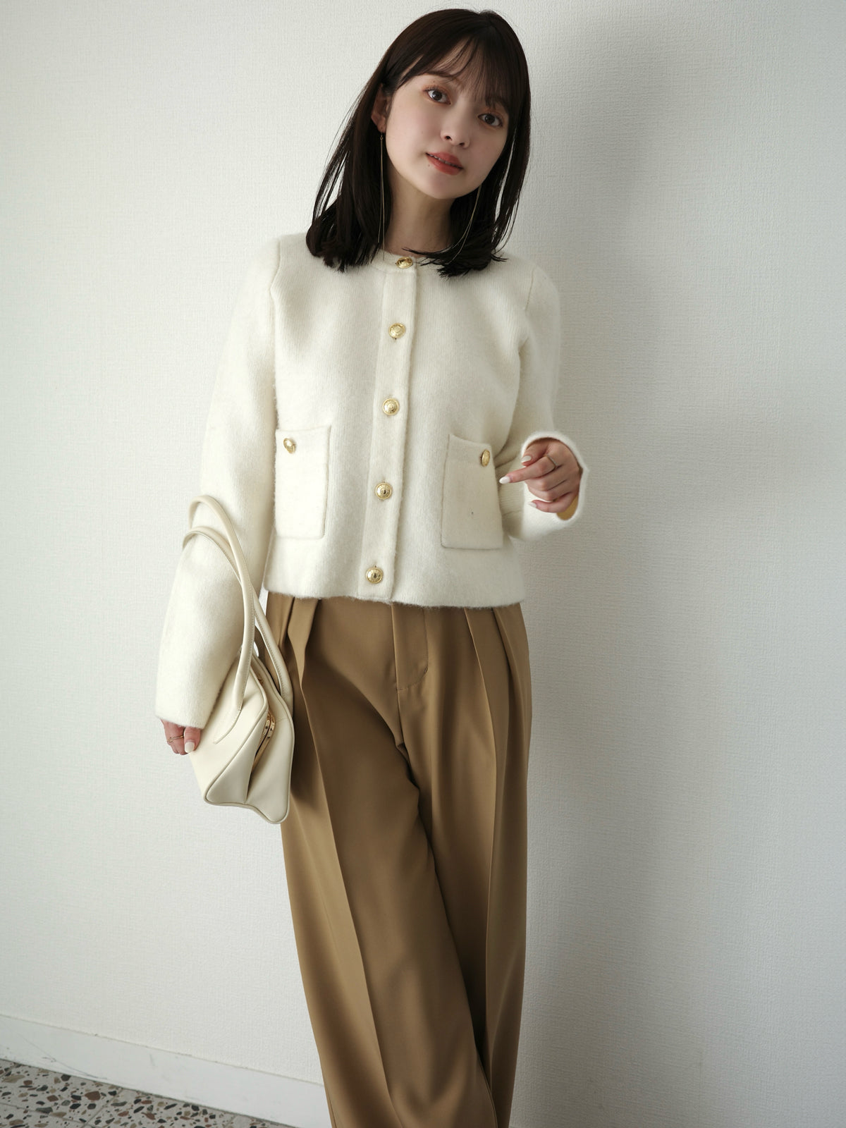 カシミヤブレンドノーカラーニットジャケット