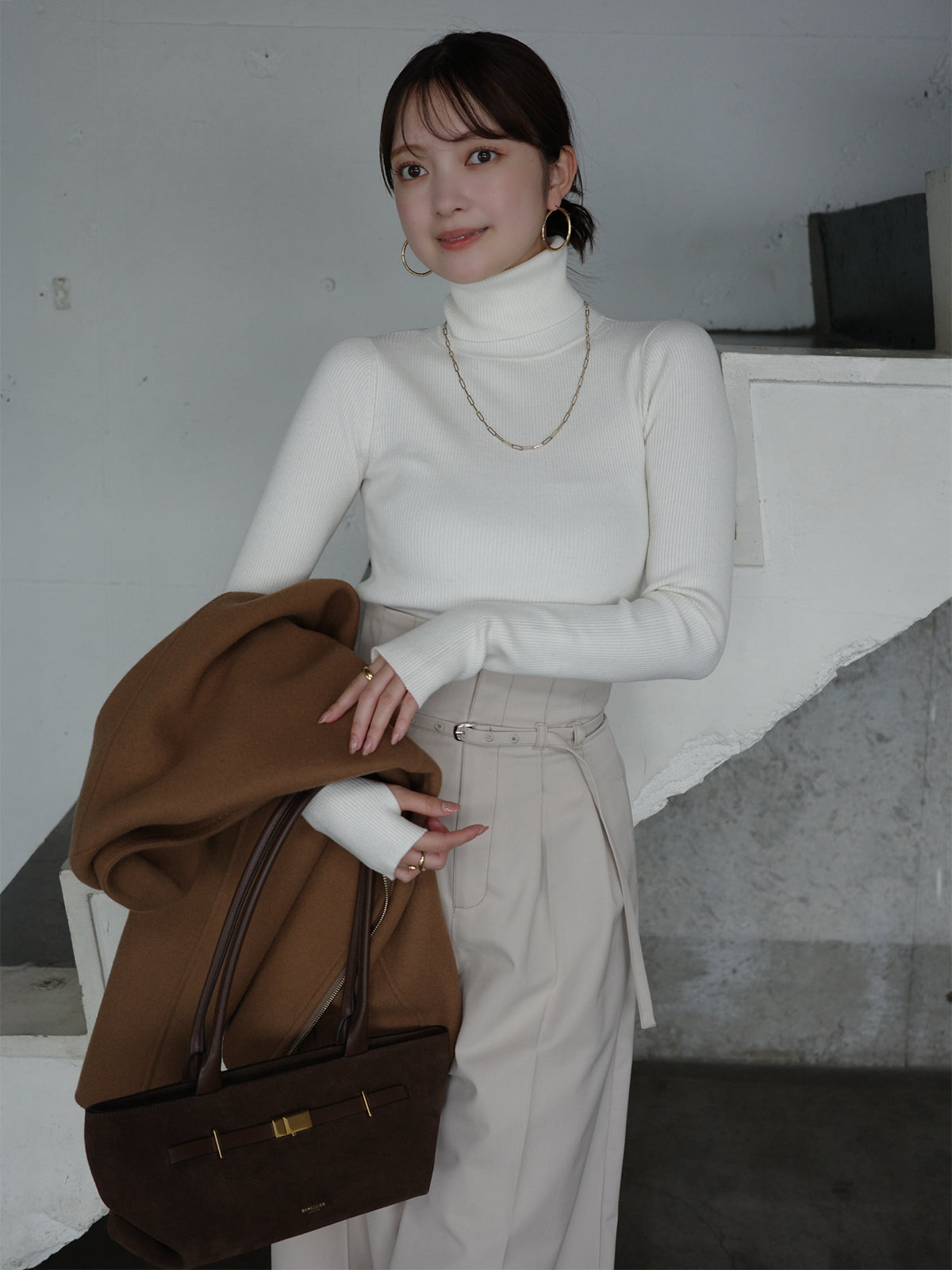 シルクカシミアブレンドフィットリブタートルニット