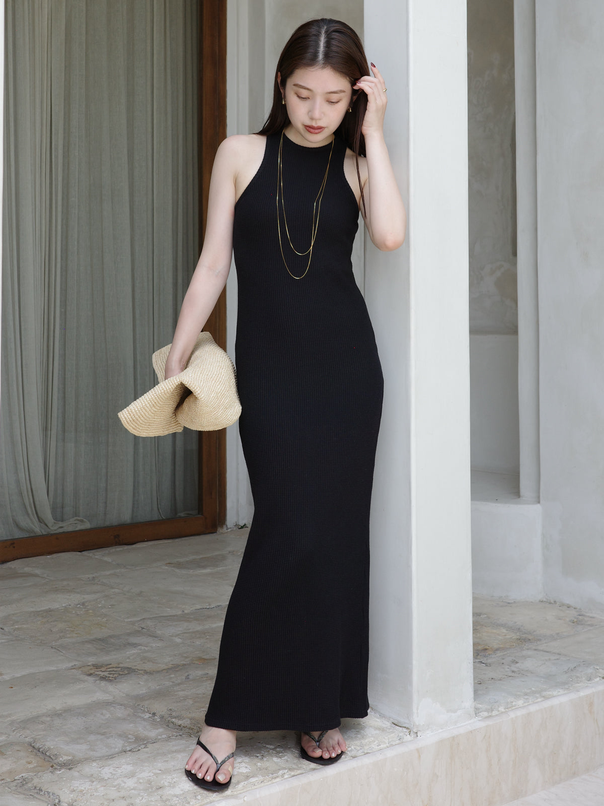 华夫格窄身连衣裙