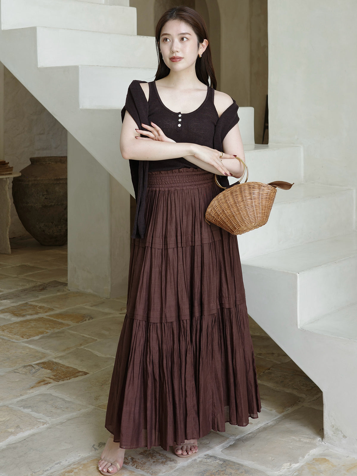 Indiaシルクブレンドティアードスカート