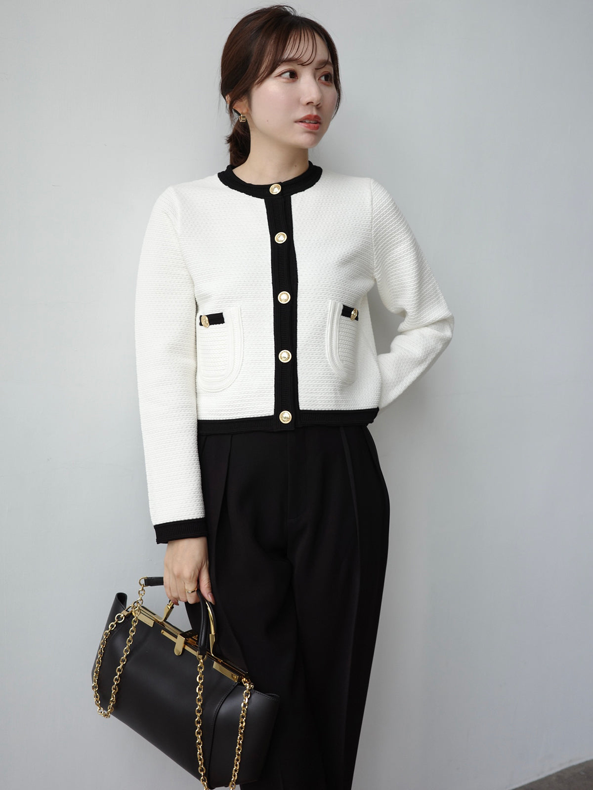 ノーカラーラーベンニットジャケット