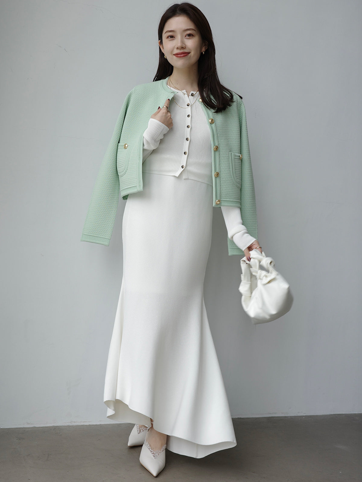 ノーカラーラーベンニットジャケット