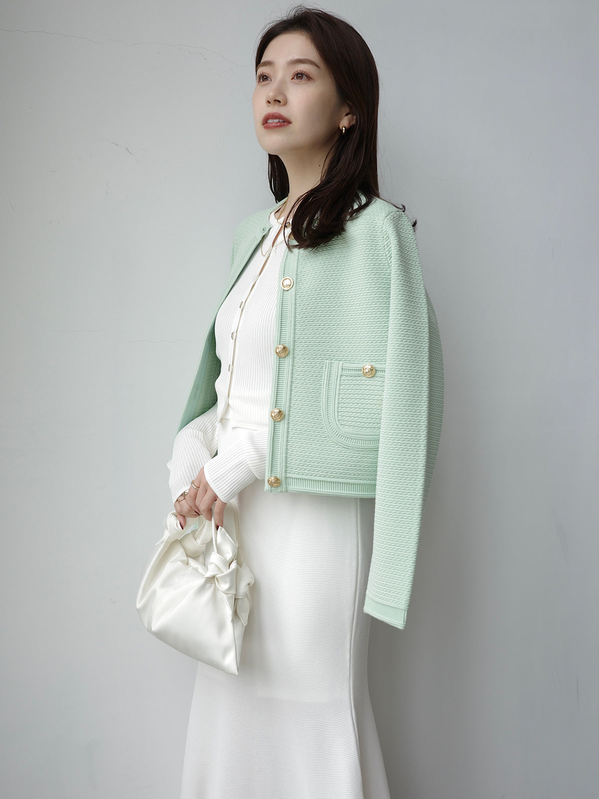 ノーカラーラーベンニットジャケット