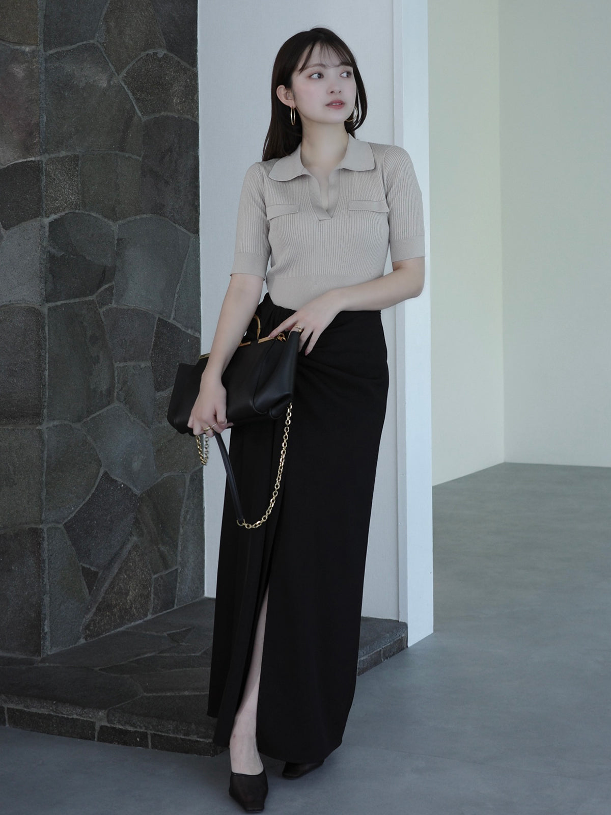 アセテートスキッパーリブニットトップス