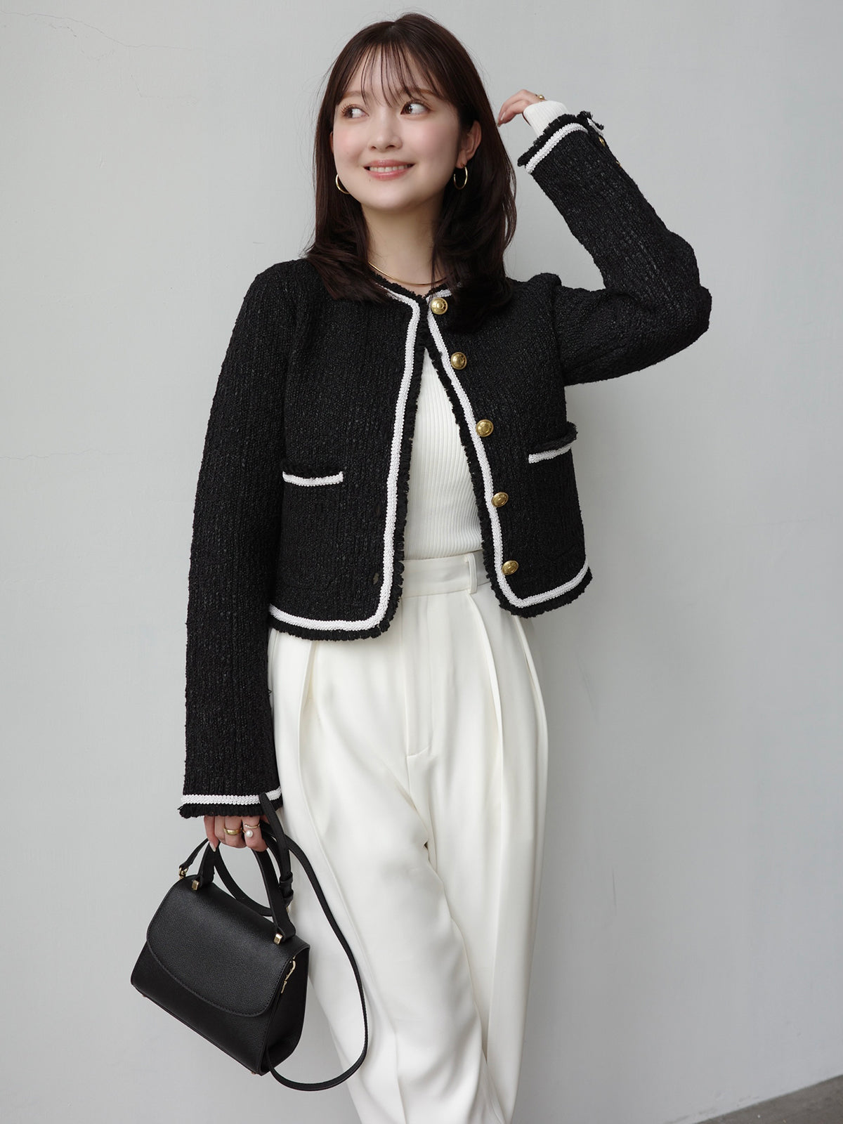 クラシカルノーカラーニットジャケット