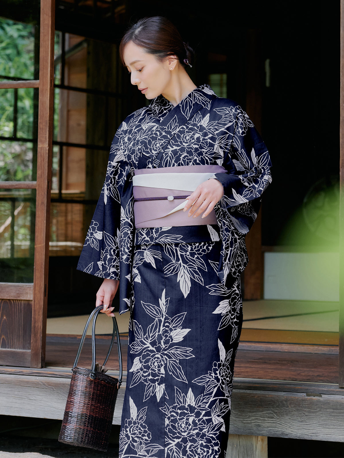 line art peony yukata set - NAVY