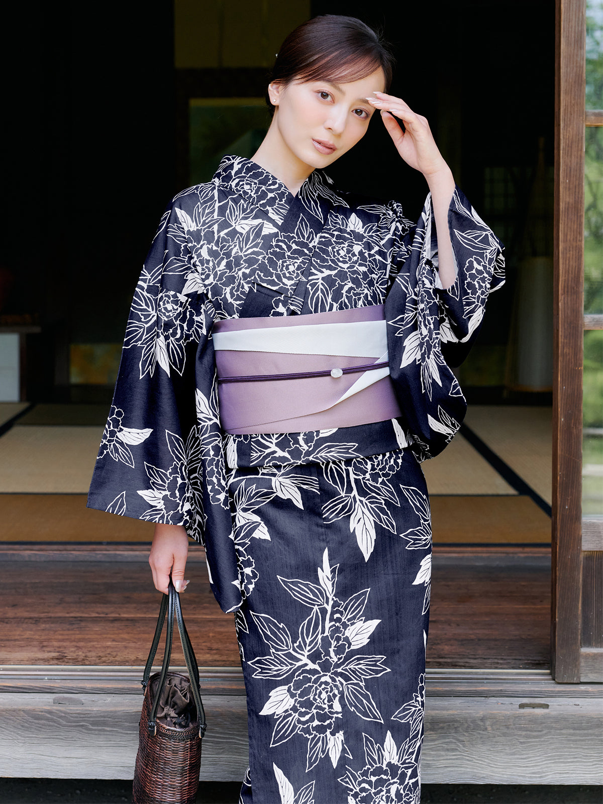 line art peony yukata set - NAVY
