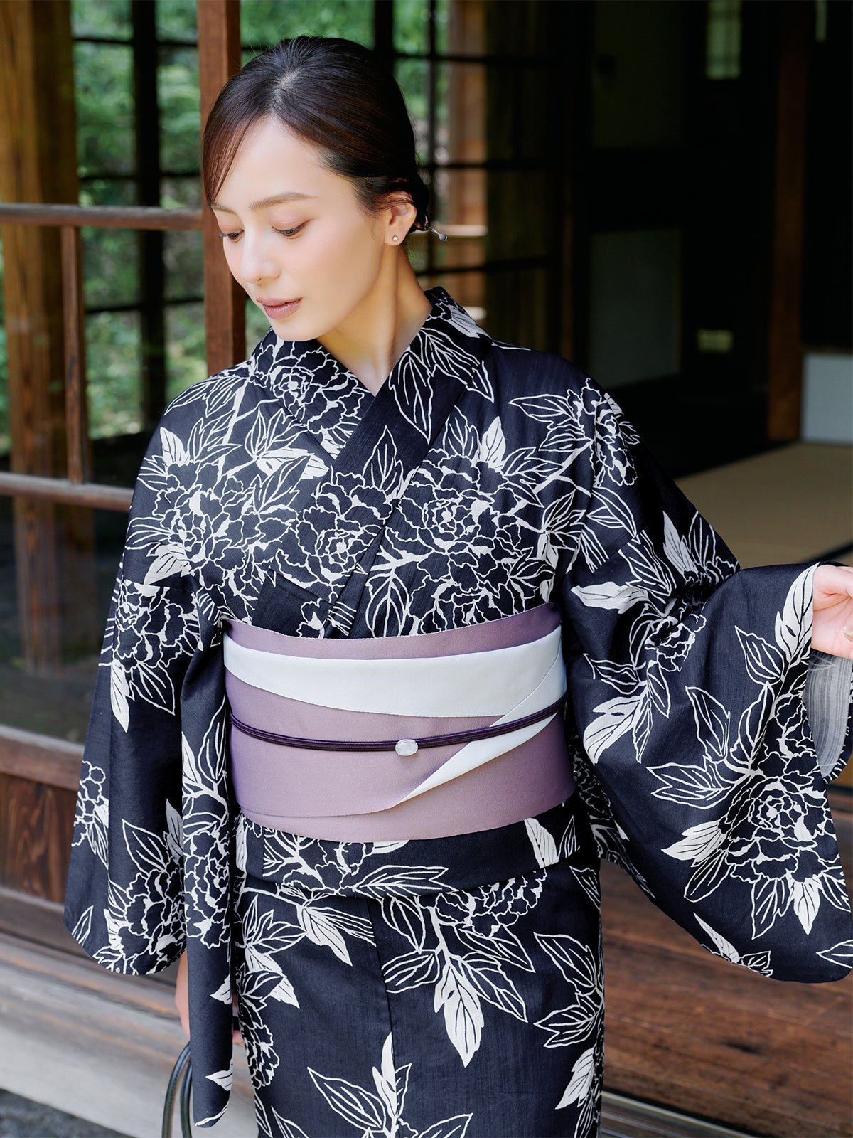 line art peony yukata set - NAVY
