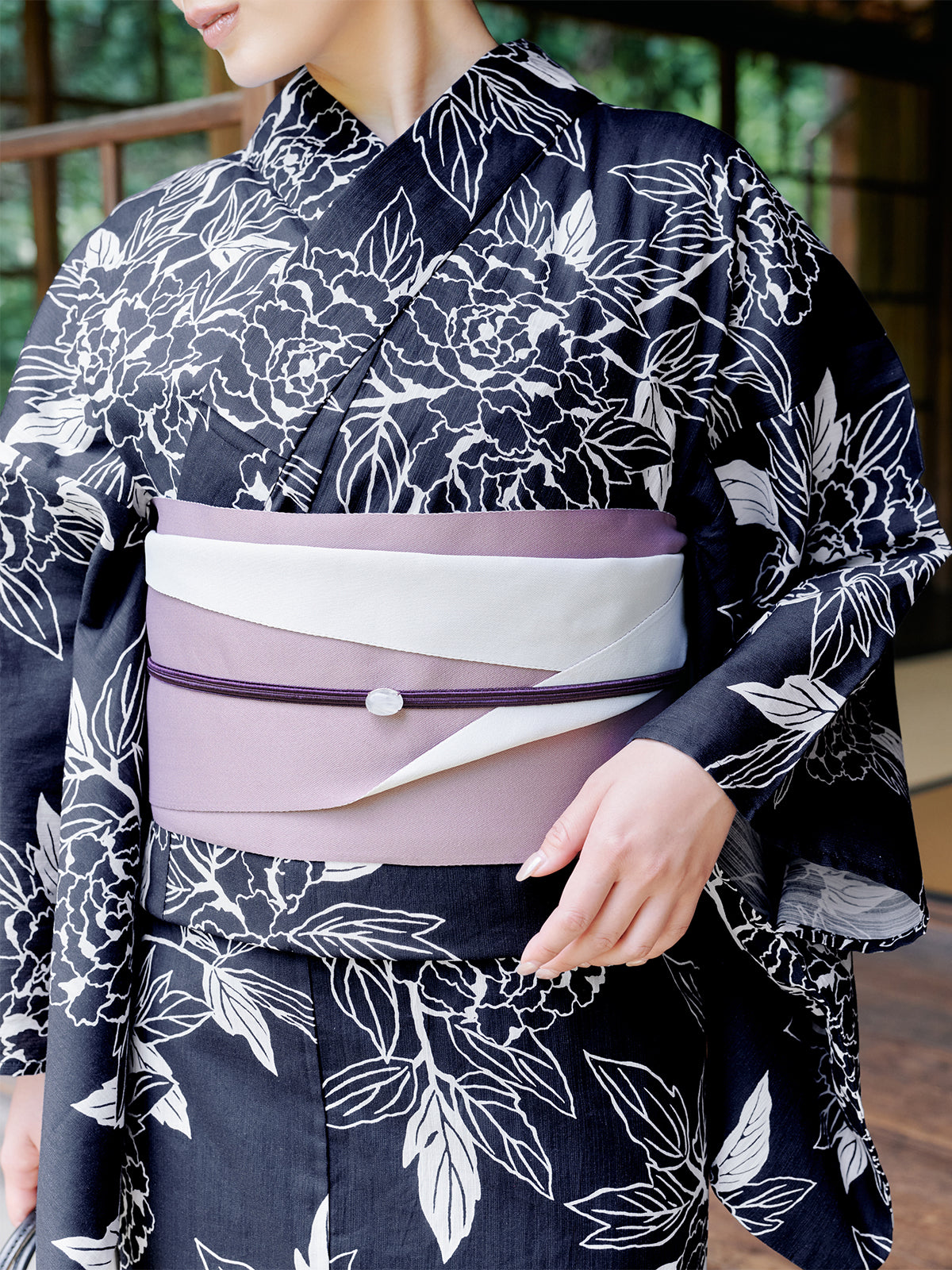 line art peony yukata set - NAVY
