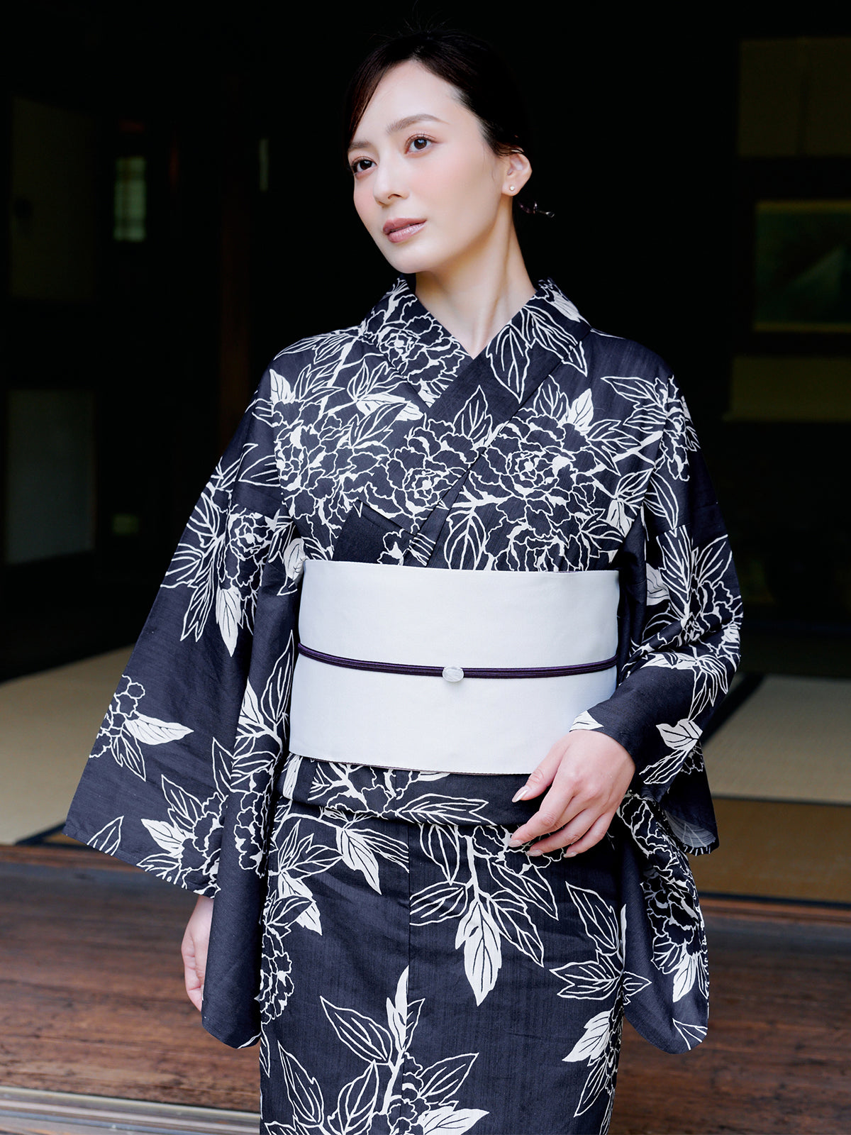 line art peony yukata set - NAVY
