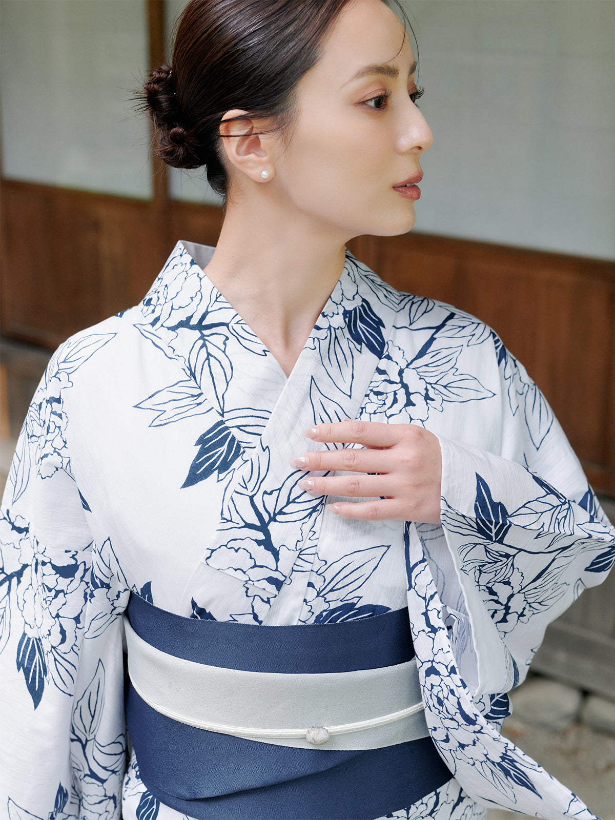 line art peony yukata set - WHITE