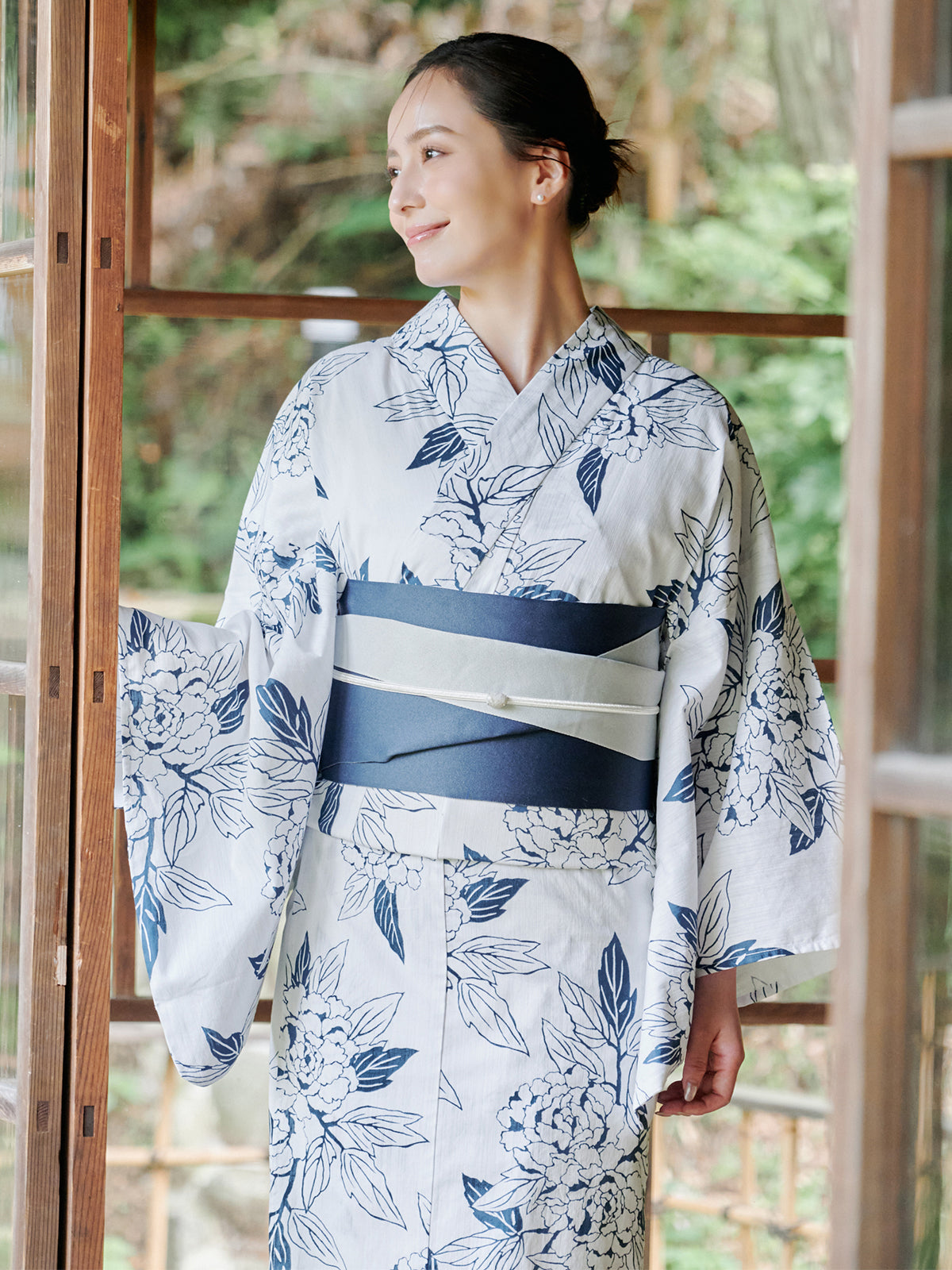 line art peony yukata set - WHITE