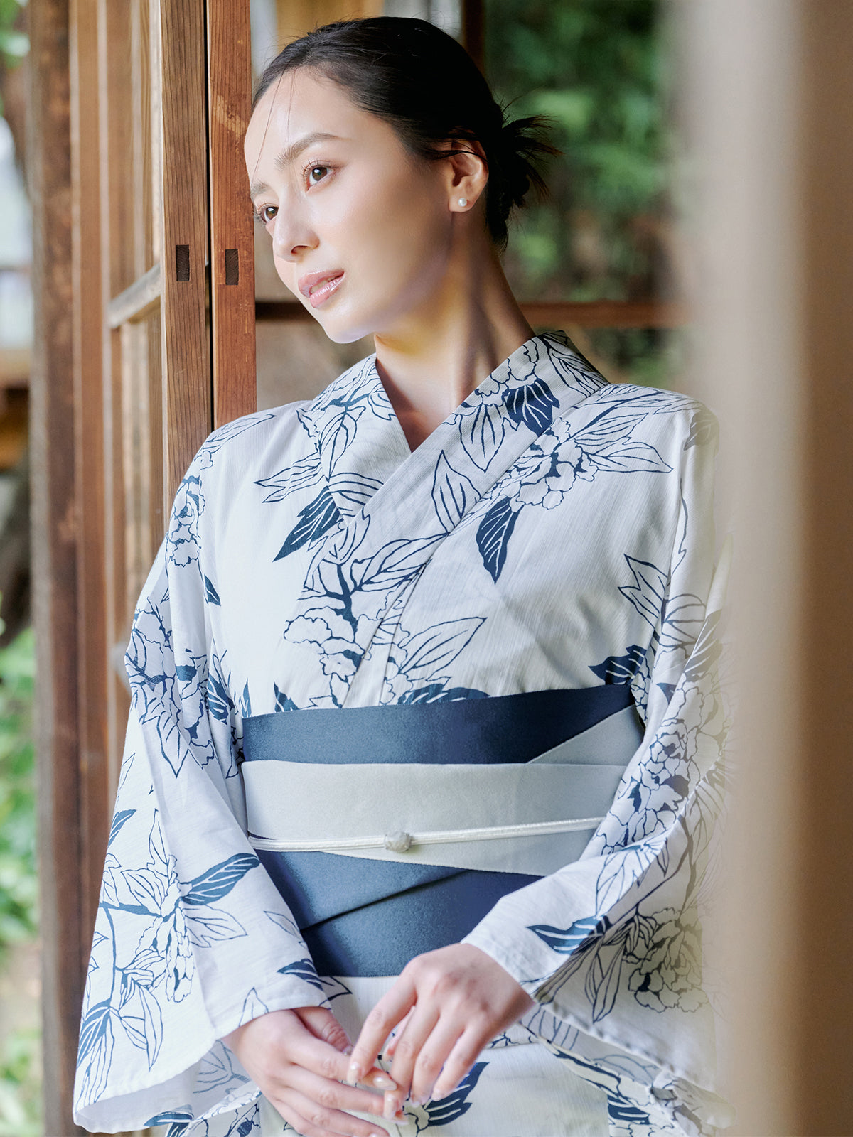 line art peony yukata set - WHITE