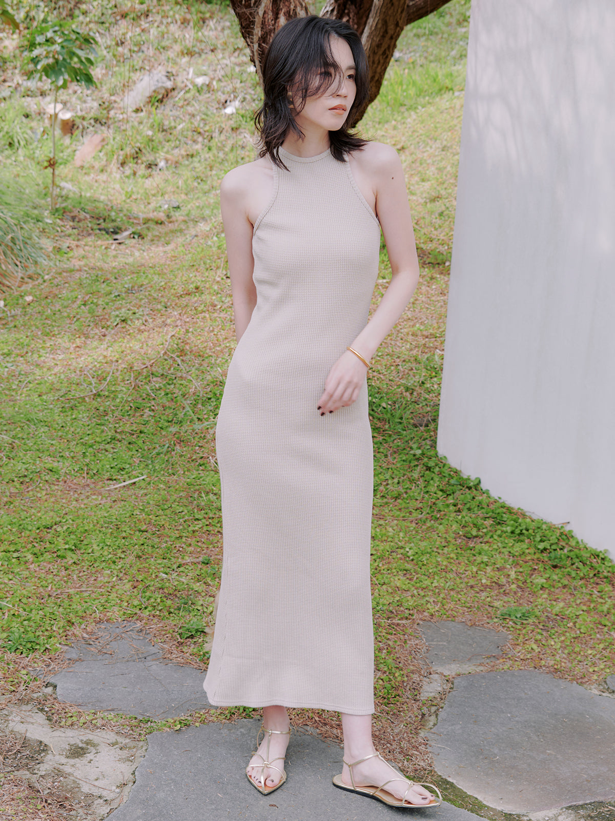 华夫格窄身连衣裙