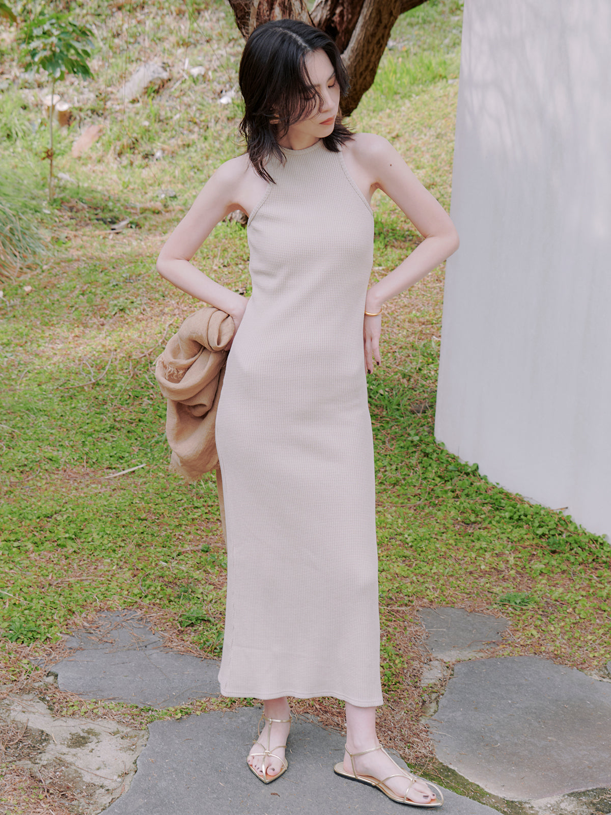 华夫格窄身连衣裙