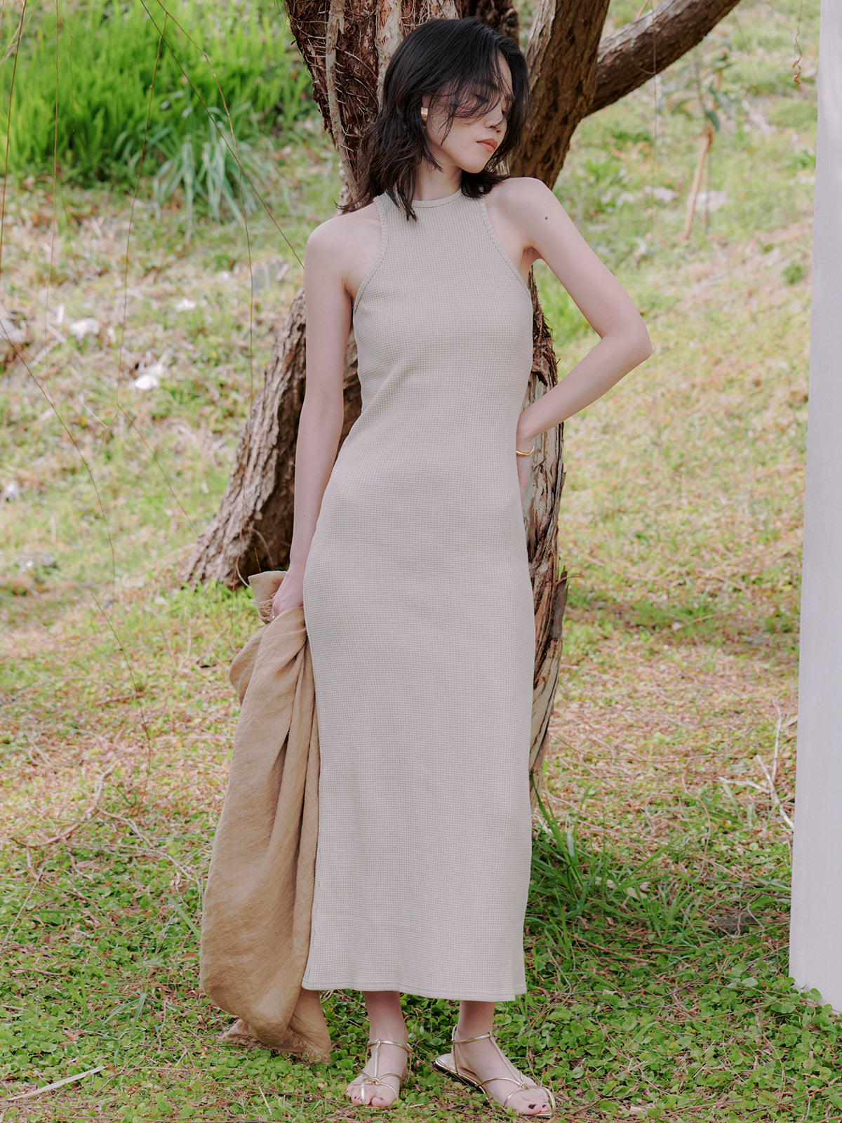 华夫格窄身连衣裙