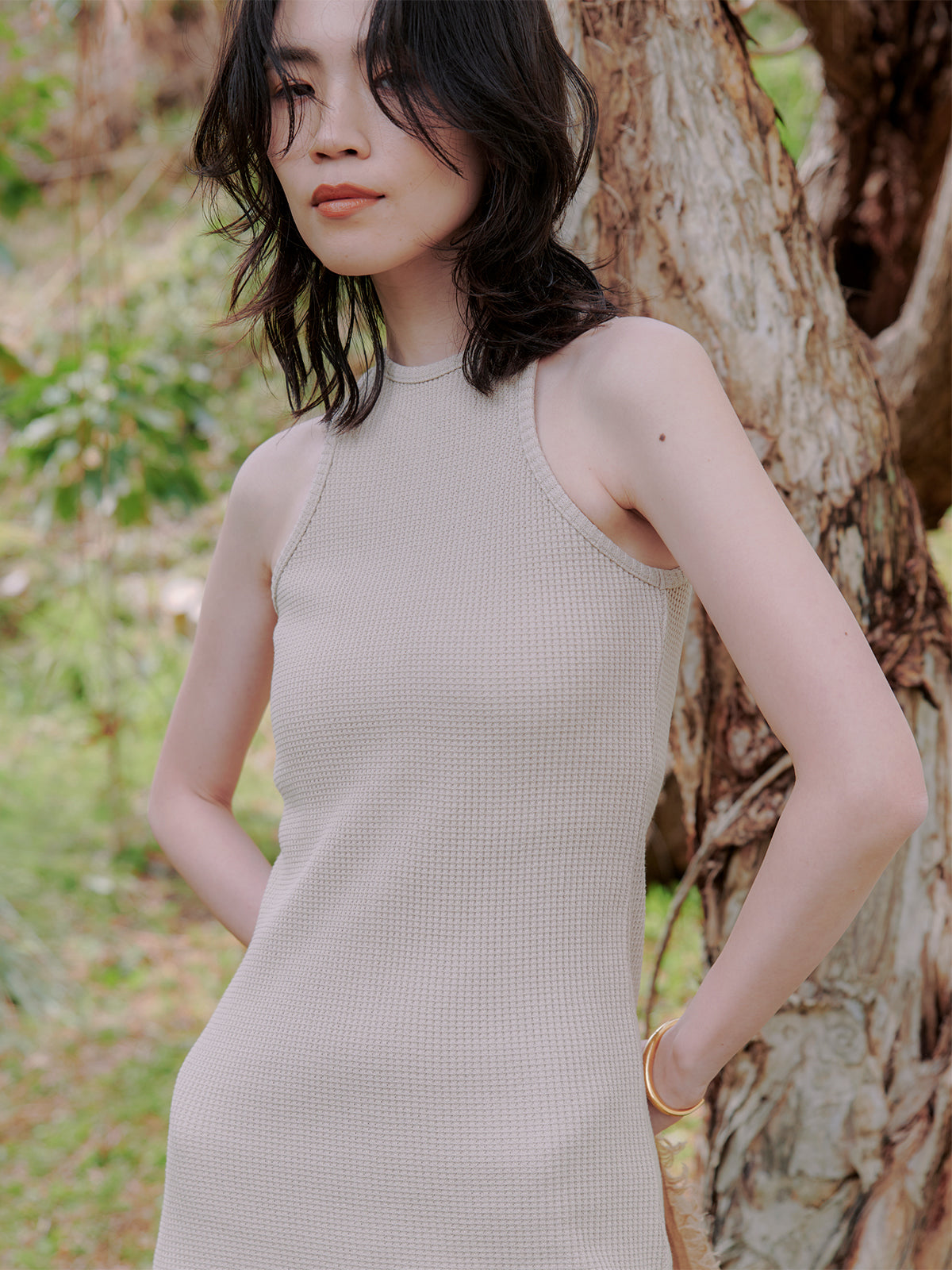 华夫格窄身连衣裙