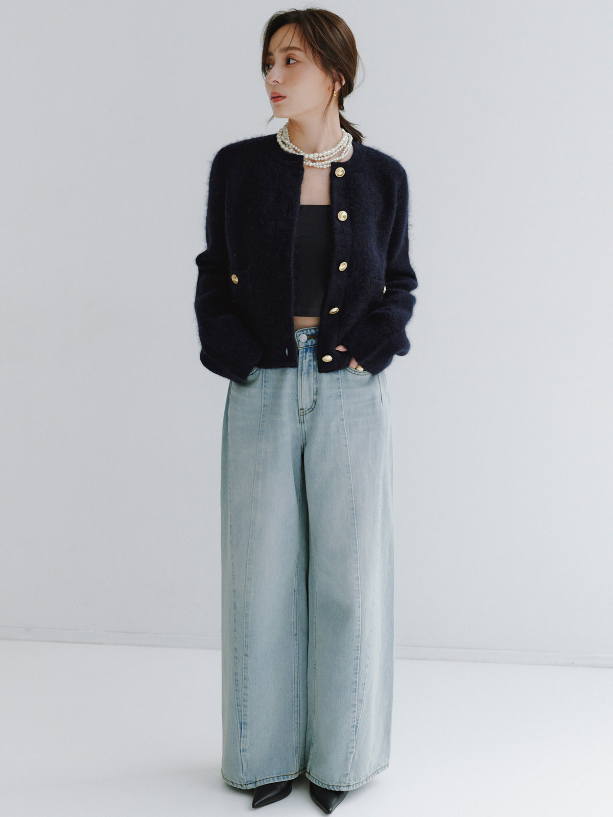 カシミヤブレンドノーカラーニットジャケット