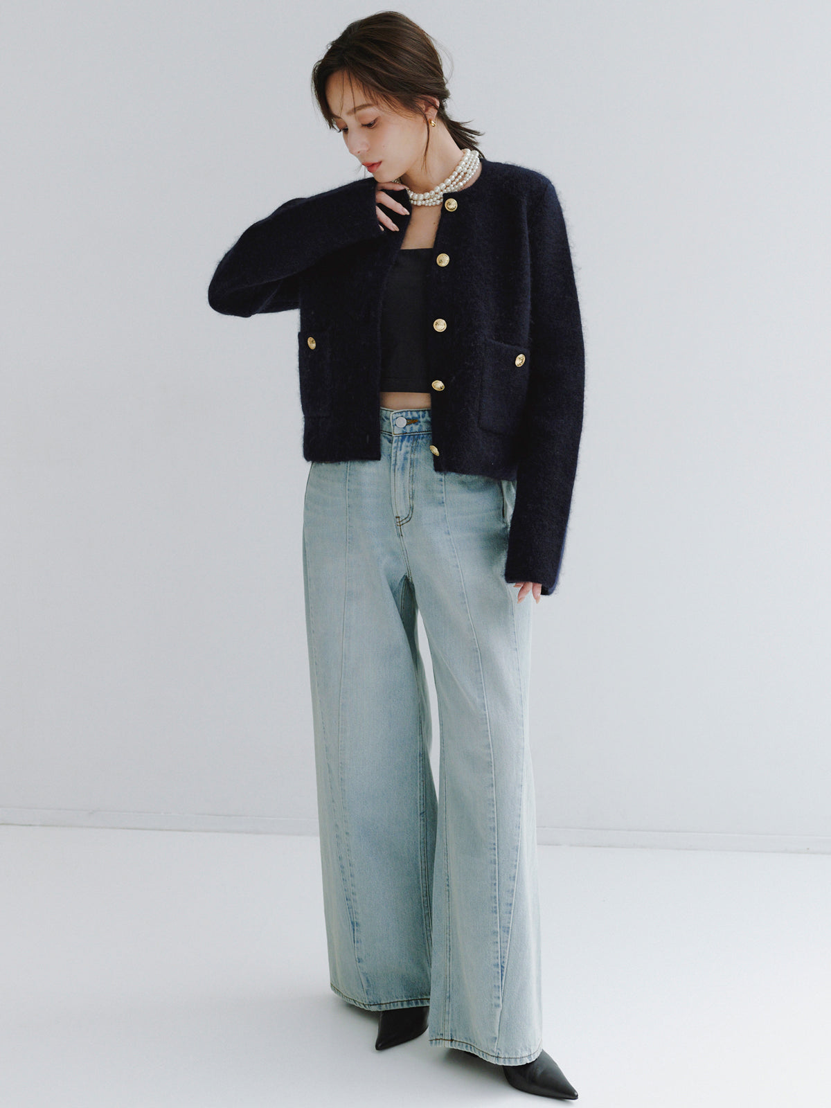 カシミヤブレンドノーカラーニットジャケット