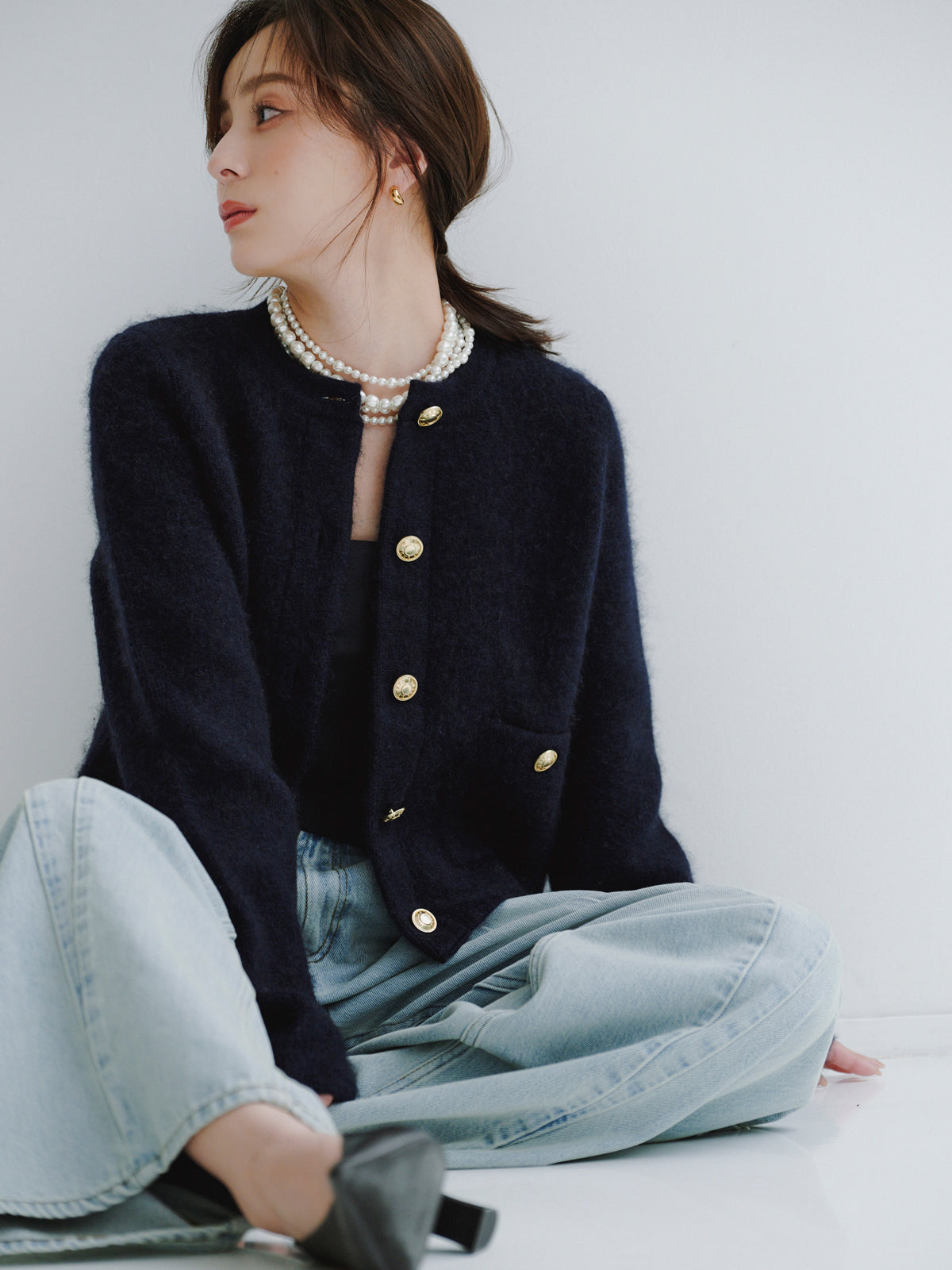 カシミヤブレンドノーカラーニットジャケット