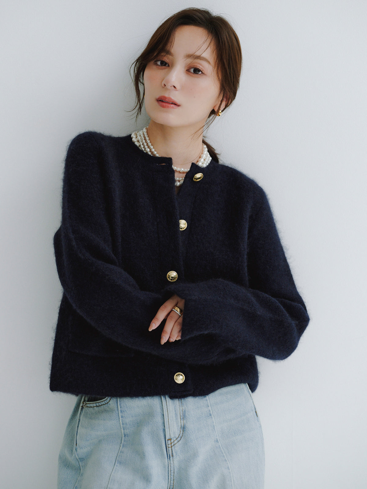 カシミヤブレンドノーカラーニットジャケット