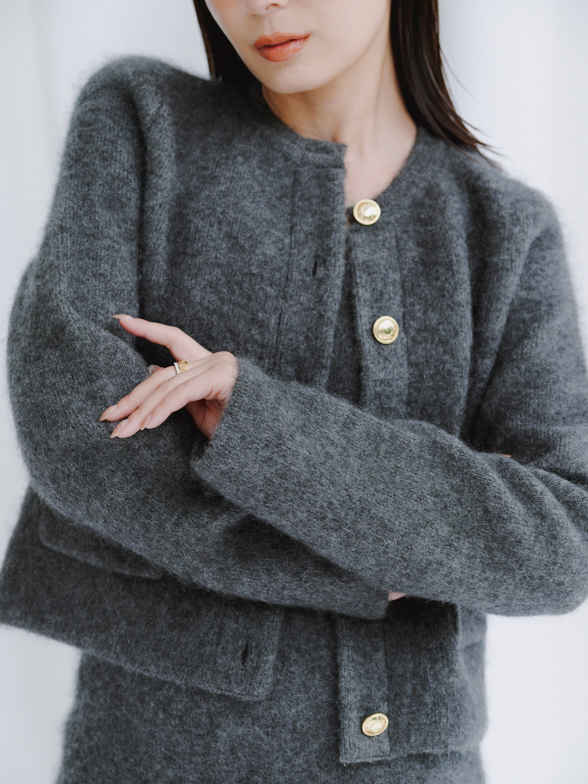 カシミヤブレンドノーカラーニットジャケット