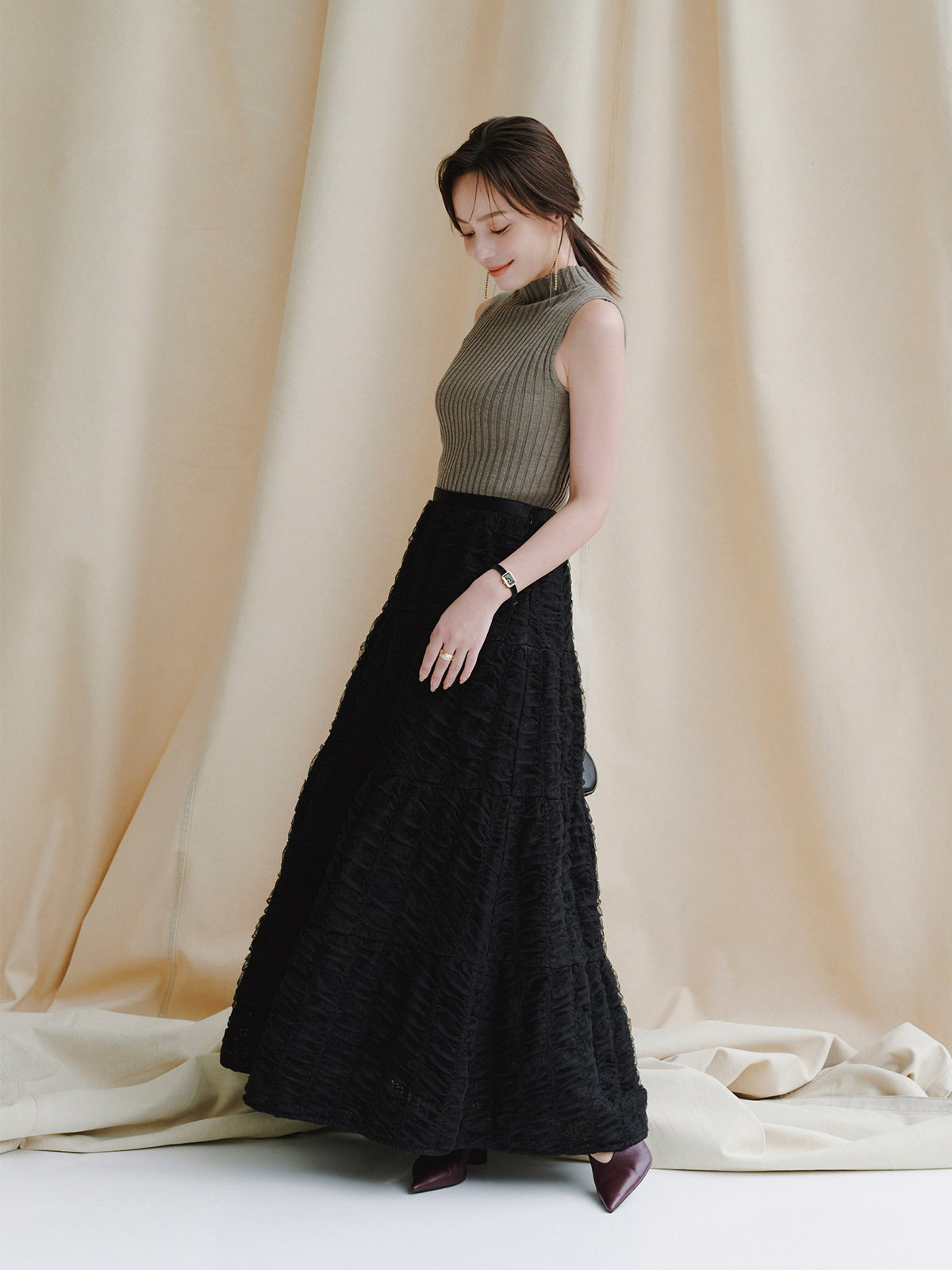 ノースリーブウールリブニットトップス