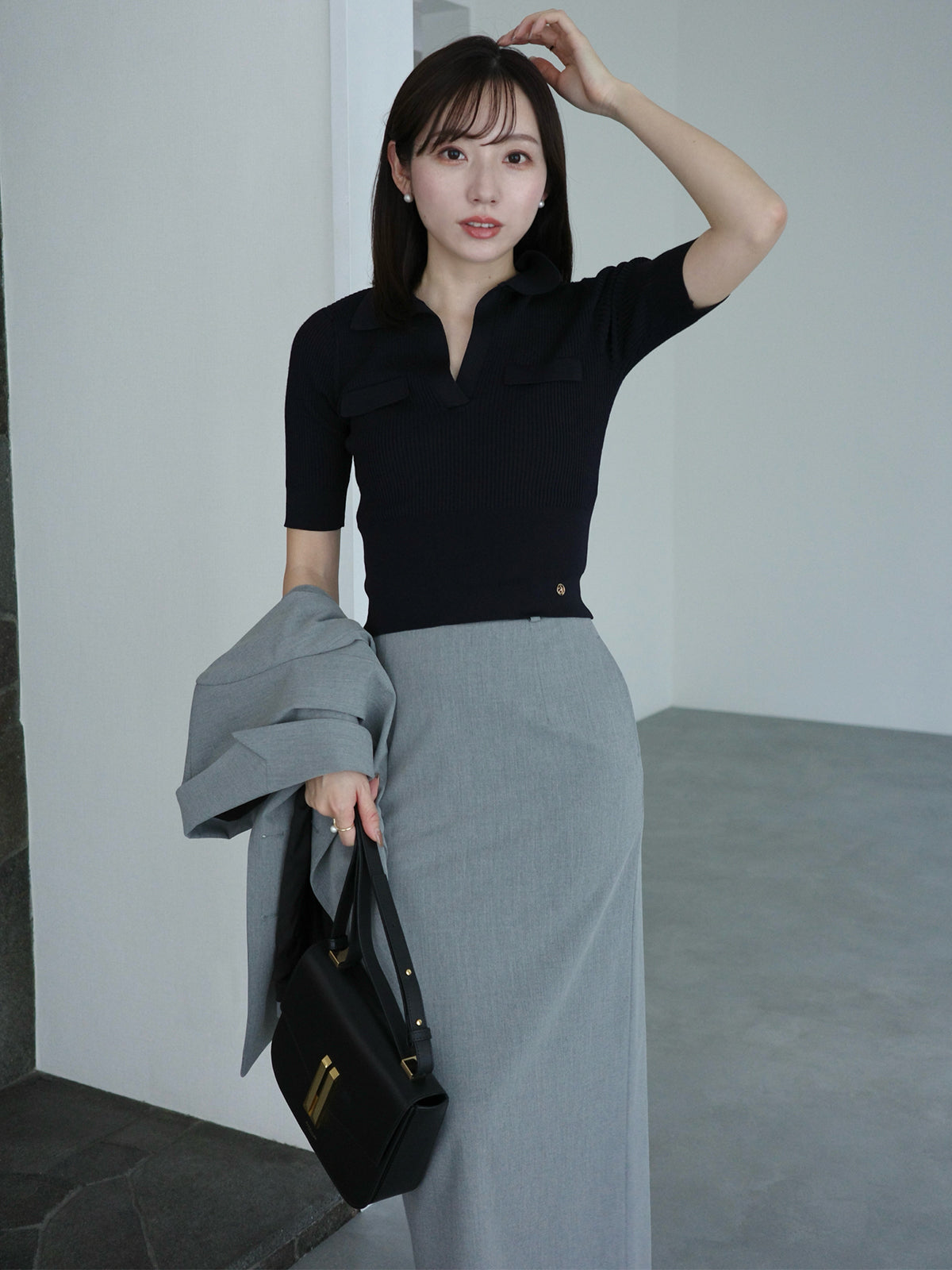 アセテートスキッパーリブニットトップス