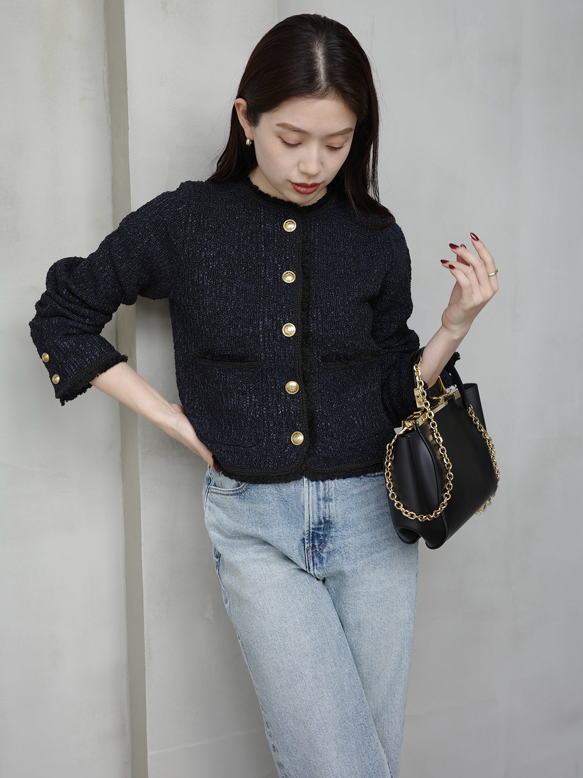 クラシカルノーカラーニットジャケット