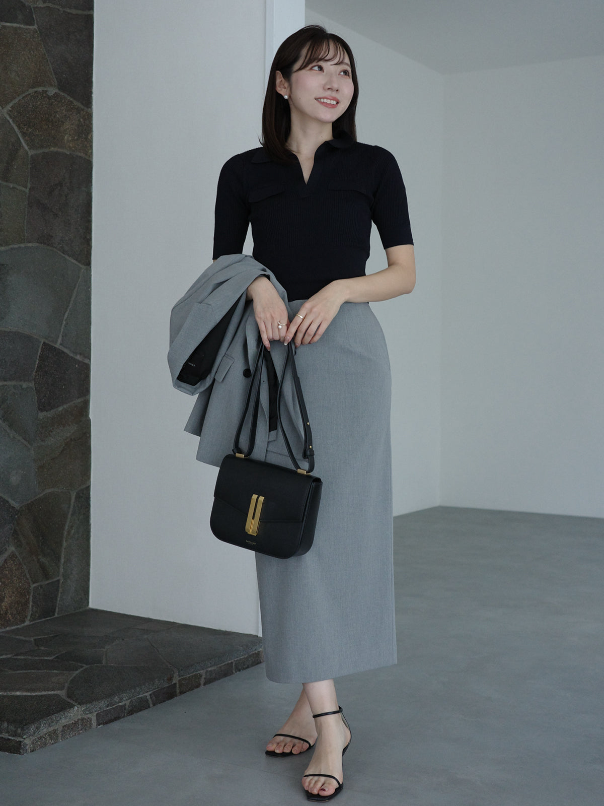 アセテートスキッパーリブニットトップス