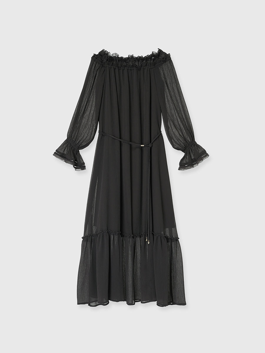 シフォンオフショルダーフレアワンピース