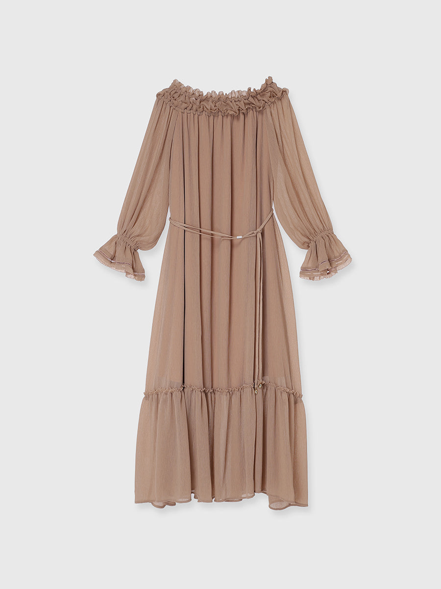 シフォンオフショルダーフレアワンピース