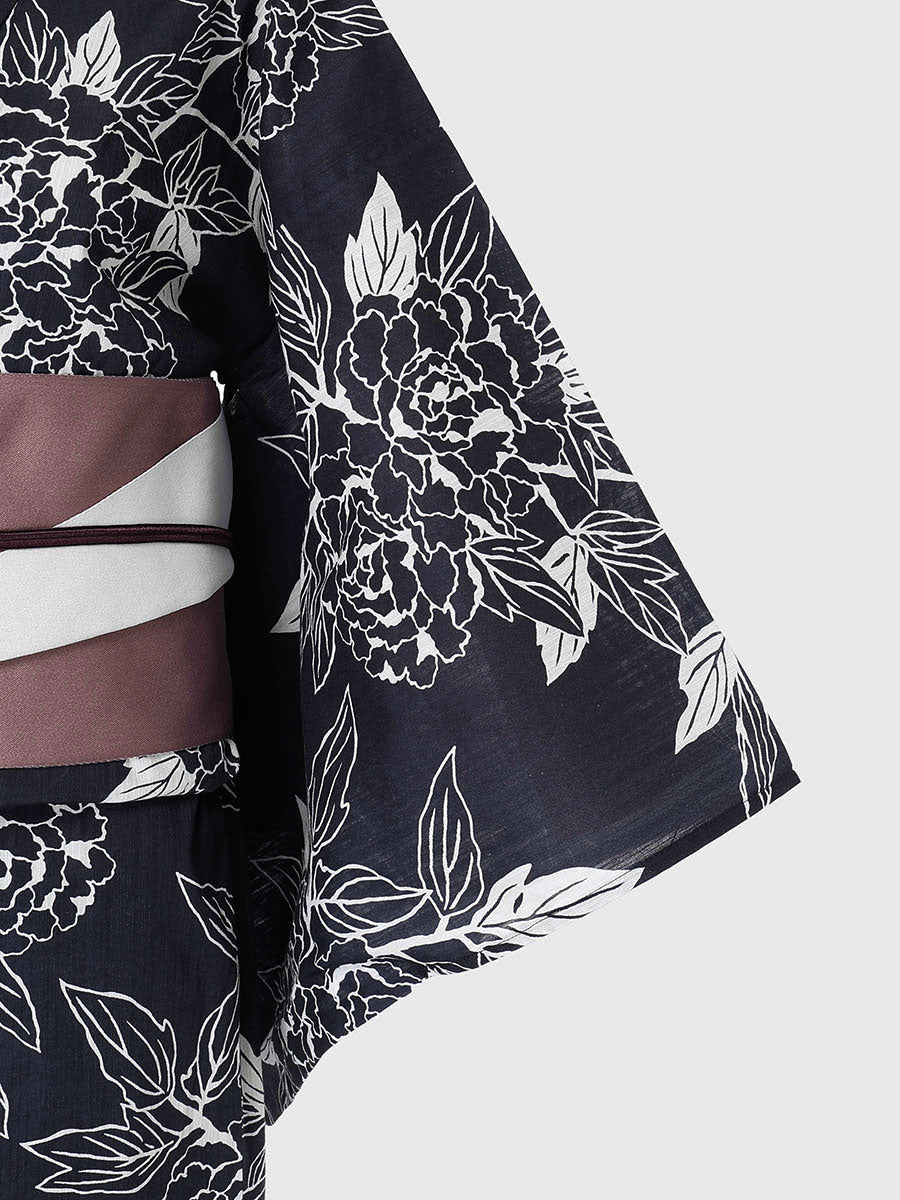 line art peony yukata set - NAVY