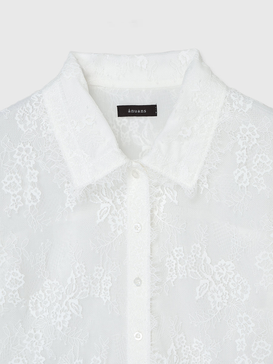 mame  Aga Black オーガニックコットンレースシャツブラウス パッチワークレース開襟シャツ(F OFF WHITE): トップス｜PMbox P&M