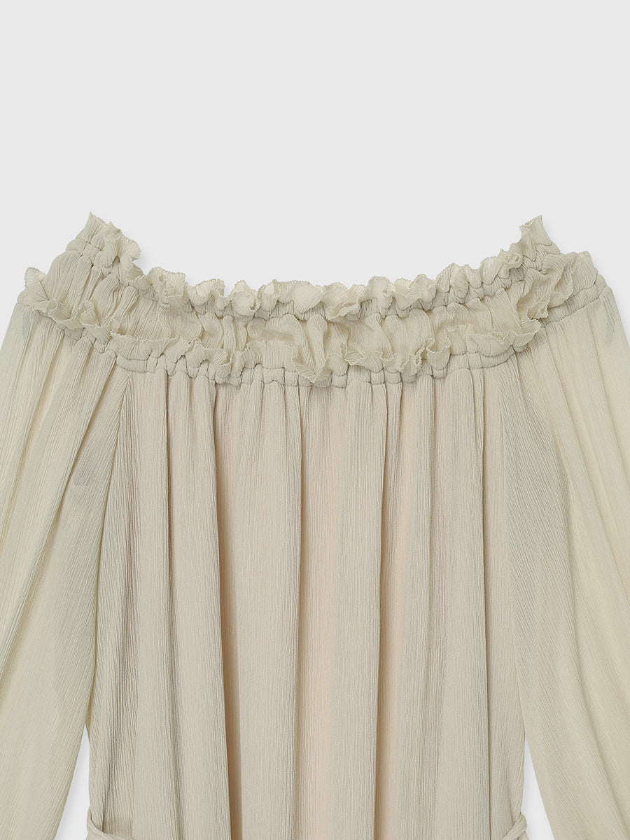 シフォンオフショルダーフレアワンピース