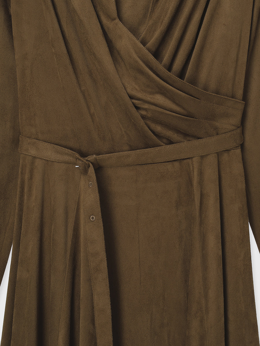 スウェードオープンカラーフレアワンピース