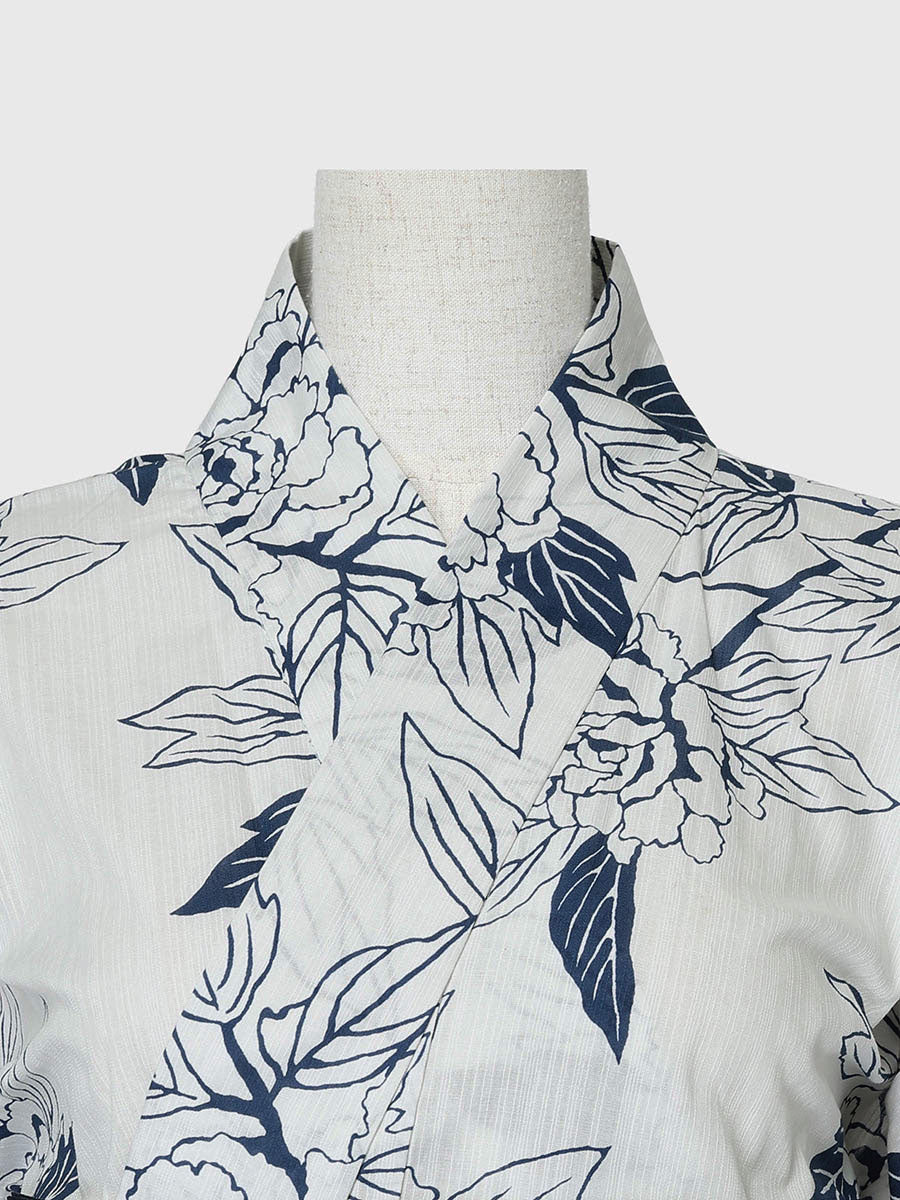 line art peony yukata set - WHITE