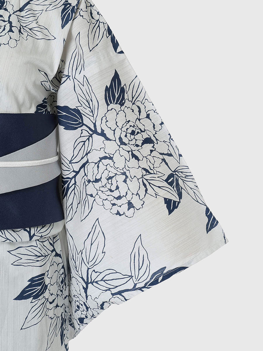 line art peony yukata set - WHITE