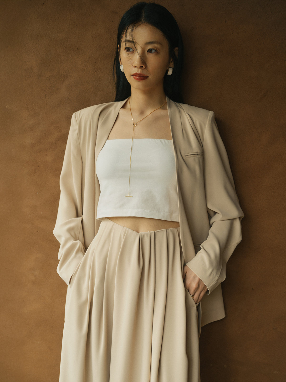 アニュアンス　ライトダブルサテンノーカラージャケット ライトダブルサテンノーカラージャケット