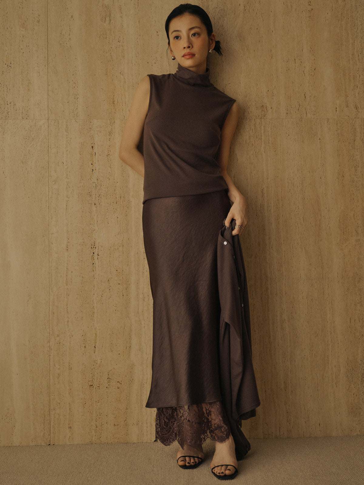 レースレイヤードサテンナロースカート