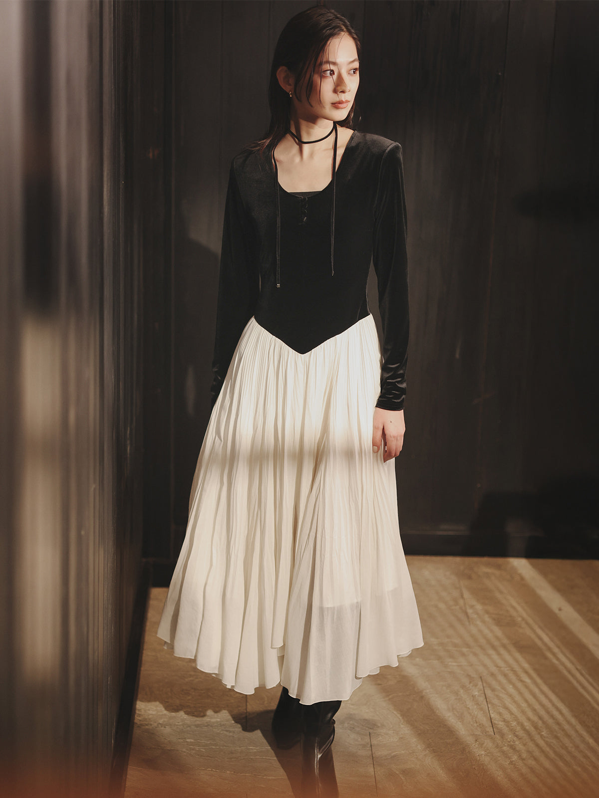 ベロアシフォンドッキングワンピース