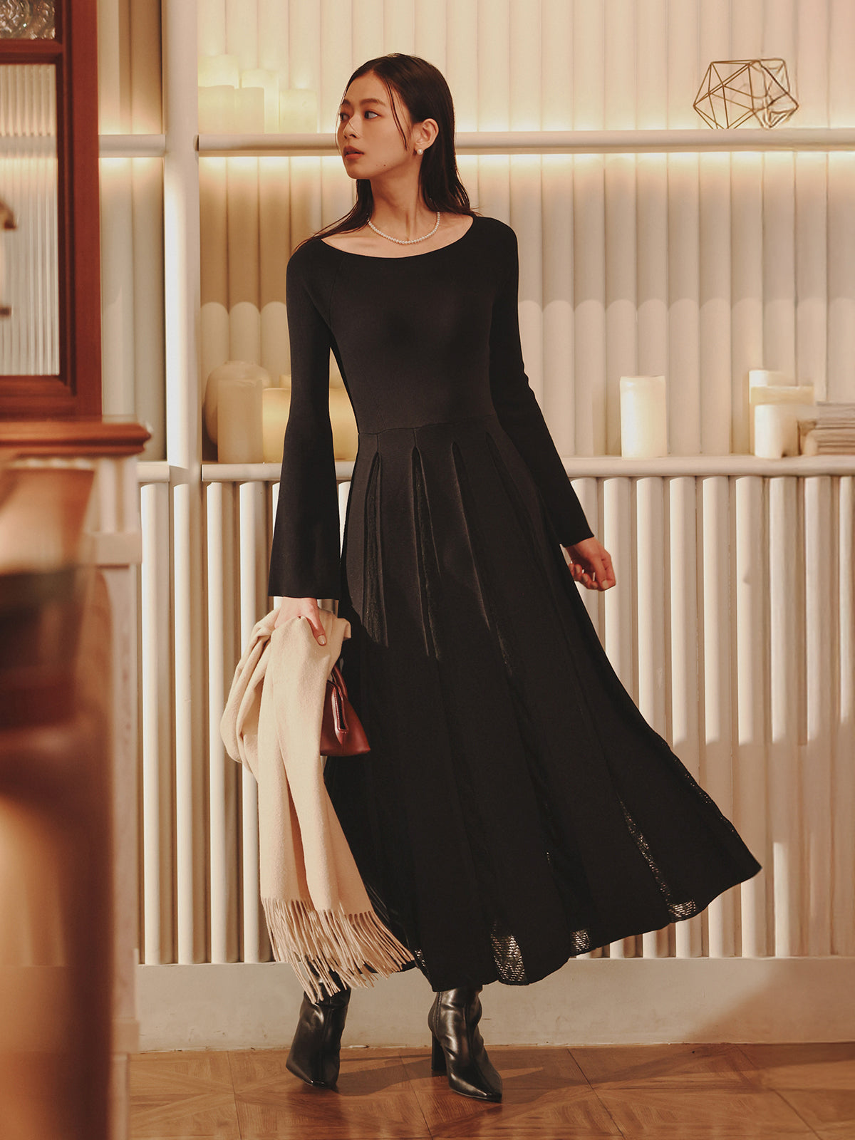 モヘアプリーツニットワンピース