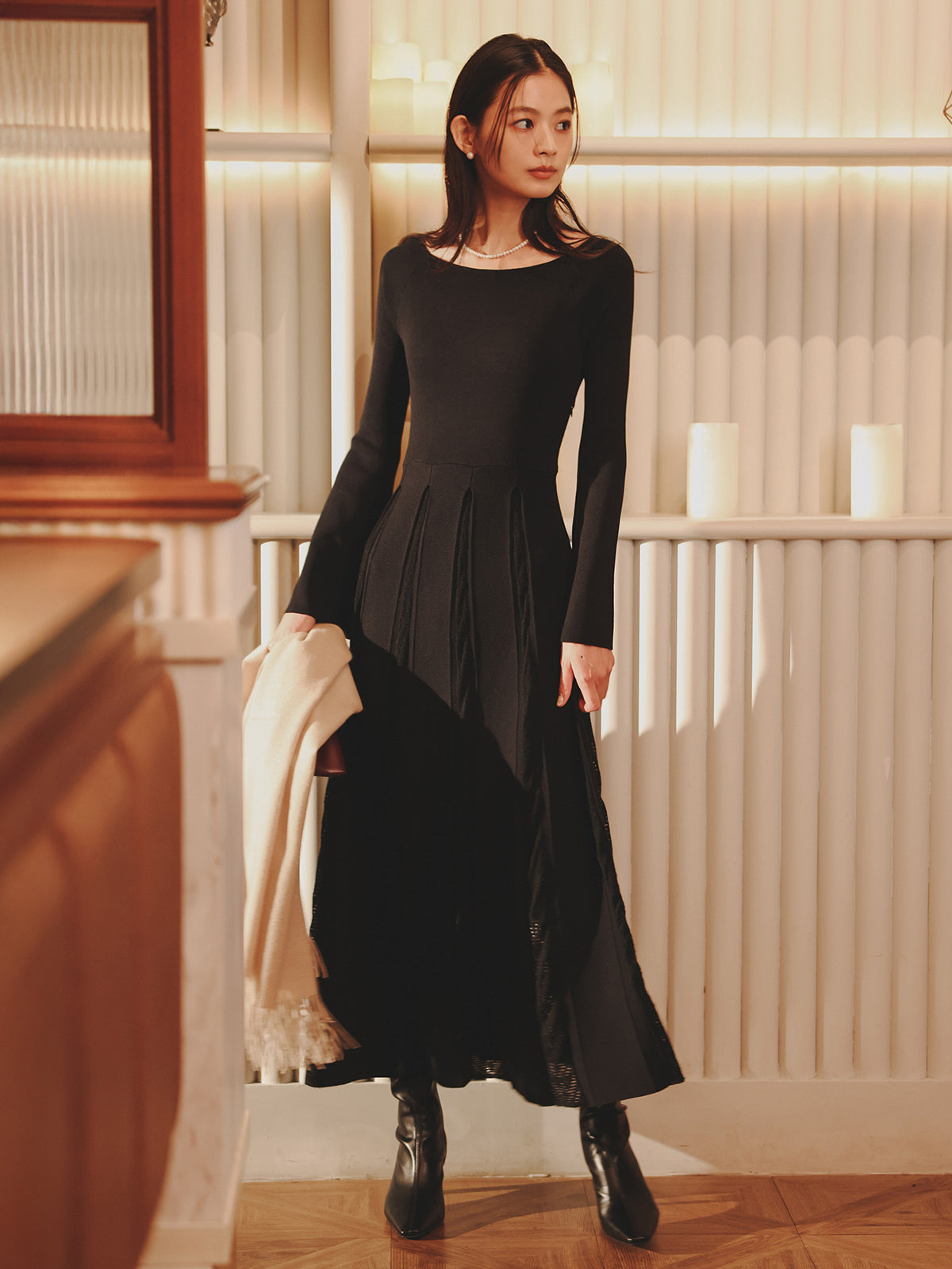 モヘアプリーツニットワンピース