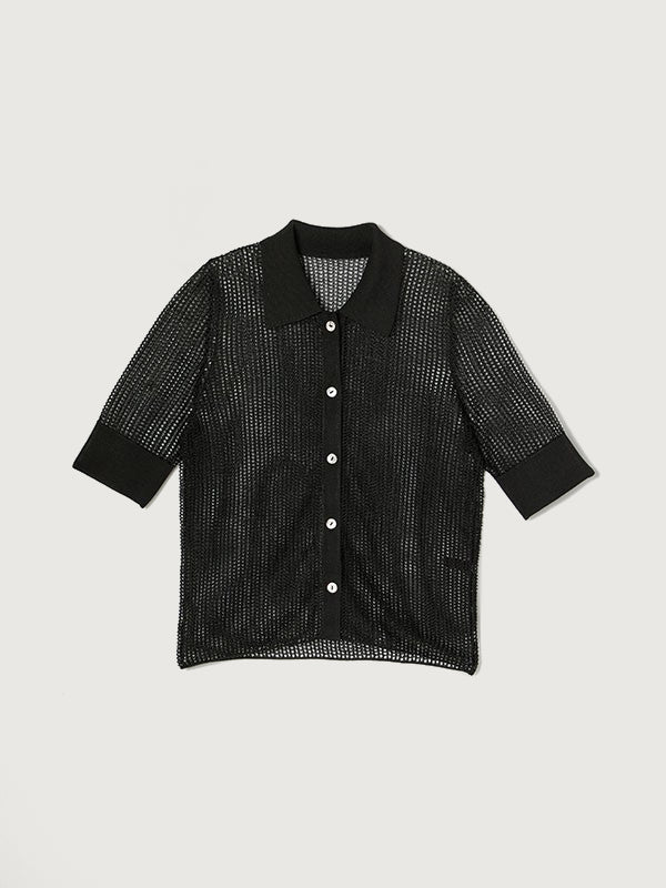 anuans ラメメッシュニットポロシャツ ラメメッシュニットポロシャツ(F CHARCOAL GREY): トップスanuans