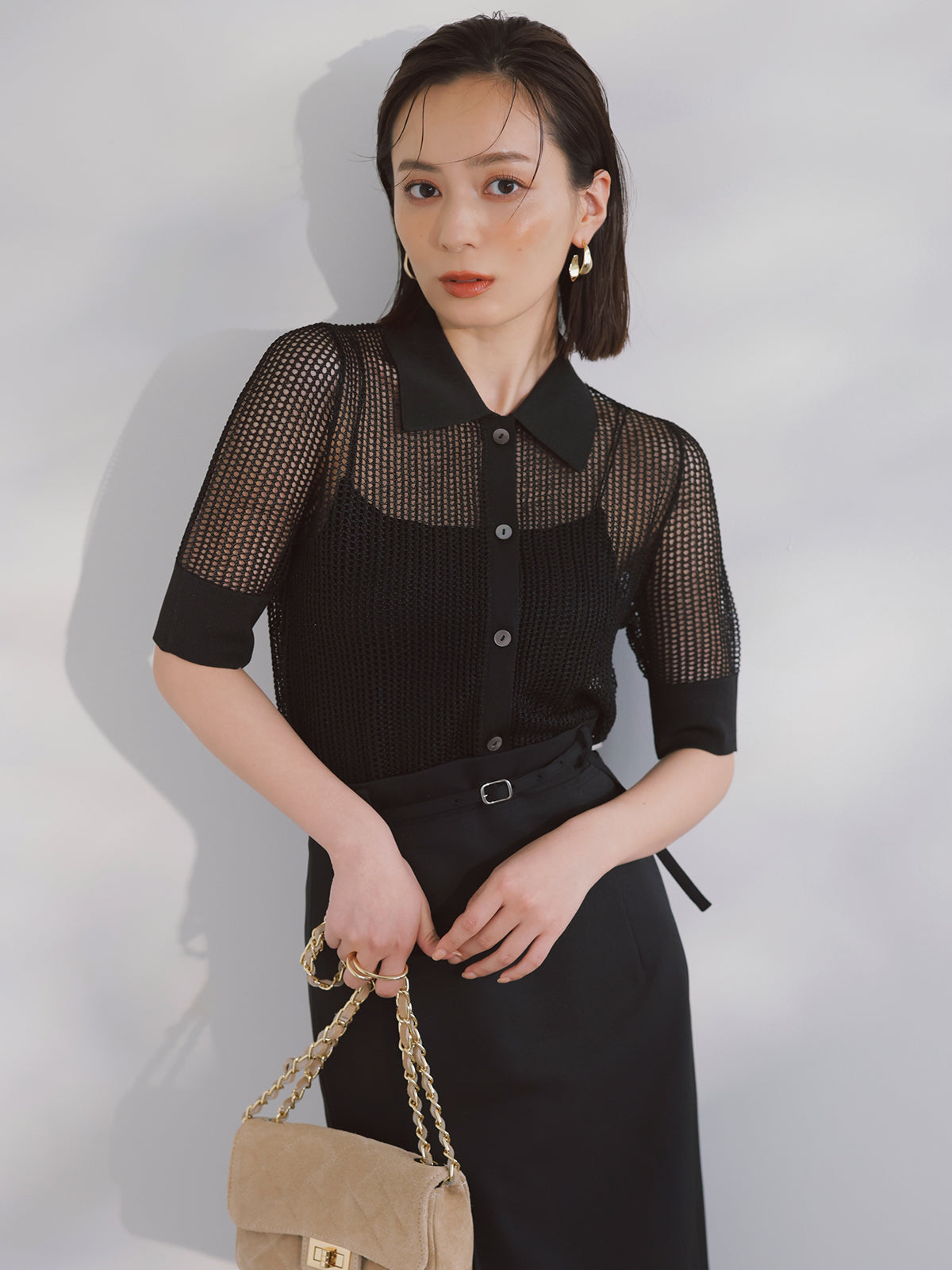 【美品】　アニュアンス　anuans ラメメッシュニットポロシャツ　黒　サイズＦ ラメメッシュハーフスリーブニットポロシャツ