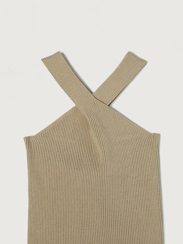 【美品】ツイストホルターネックニットトップス　BEIGE ツイストホルターネックニットトップス
