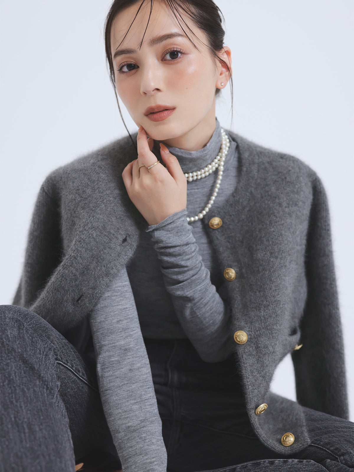 (即日発送)anuans♡ラクーンブレンドノーカラーニットジャケットGREY ラクーンブレンドノーカラーニットジャケット
