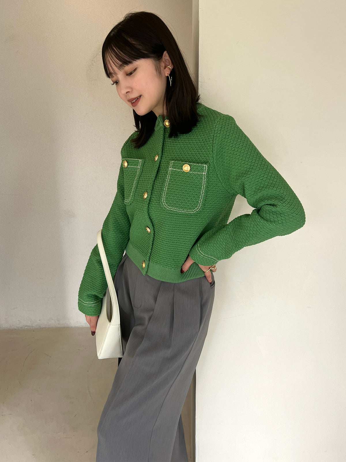 ノーカラーニットジャケット